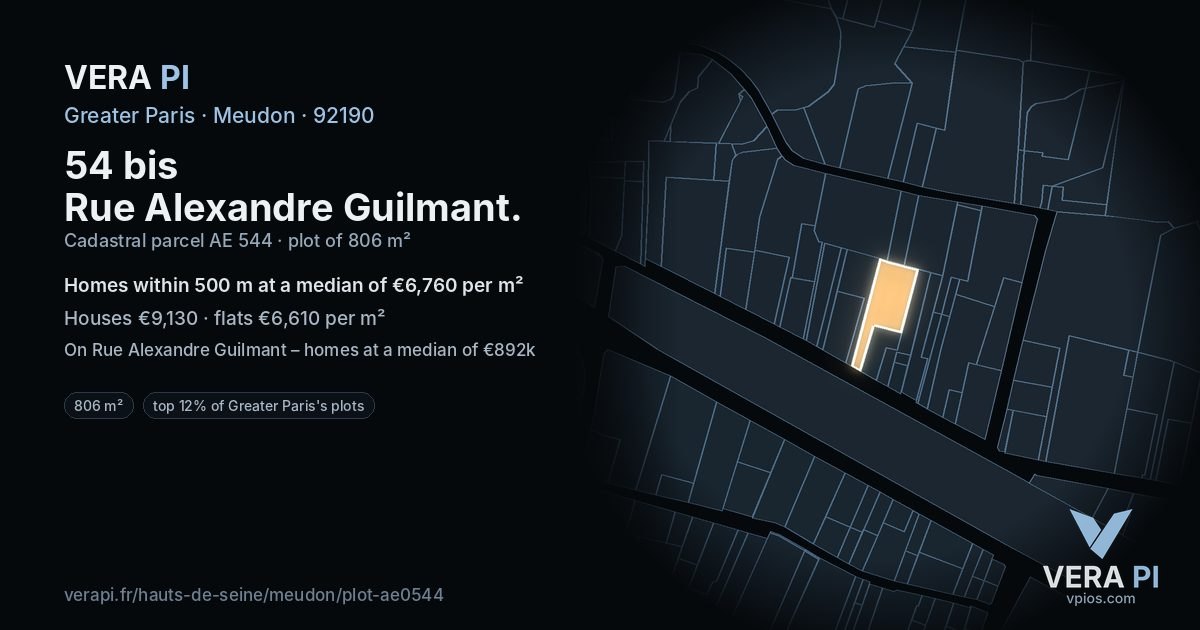 54 bis Rue Alexandre Guilmant, Meudon at night – the plot lit, the parcels around coloured by the prices near them