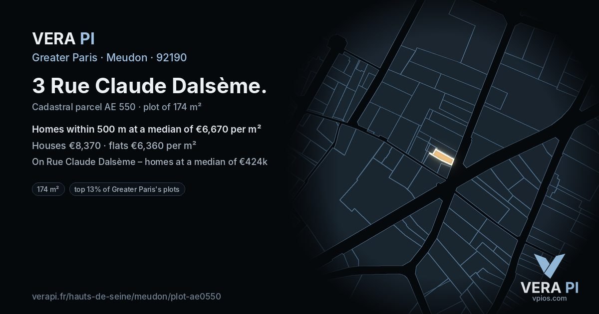 3 Rue Claude Dalsème, Meudon at night – the plot lit, the parcels around coloured by the prices near them