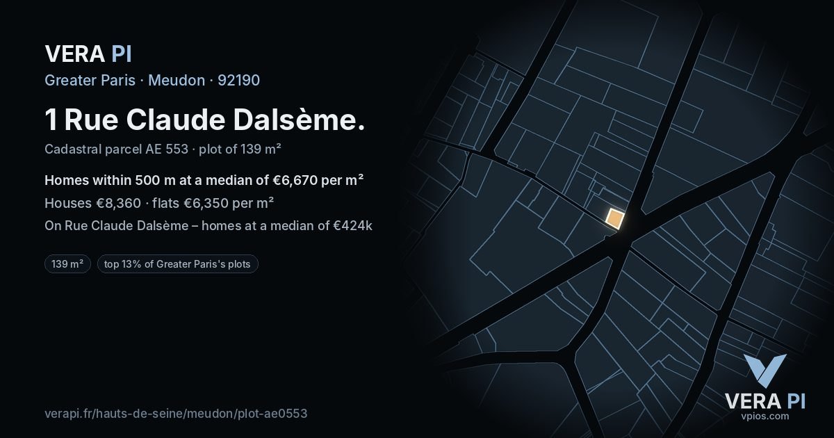 1 Rue Claude Dalsème, Meudon at night – the plot lit, the parcels around coloured by the prices near them