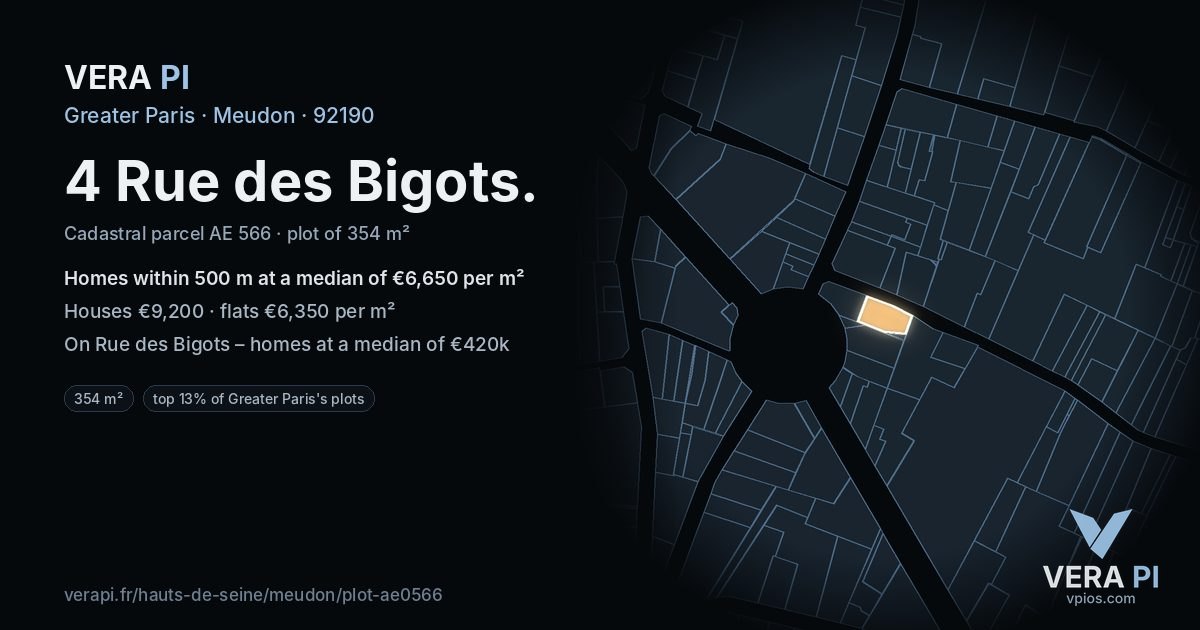 4 Rue des Bigots, Meudon at night – the plot lit, the parcels around coloured by the prices near them