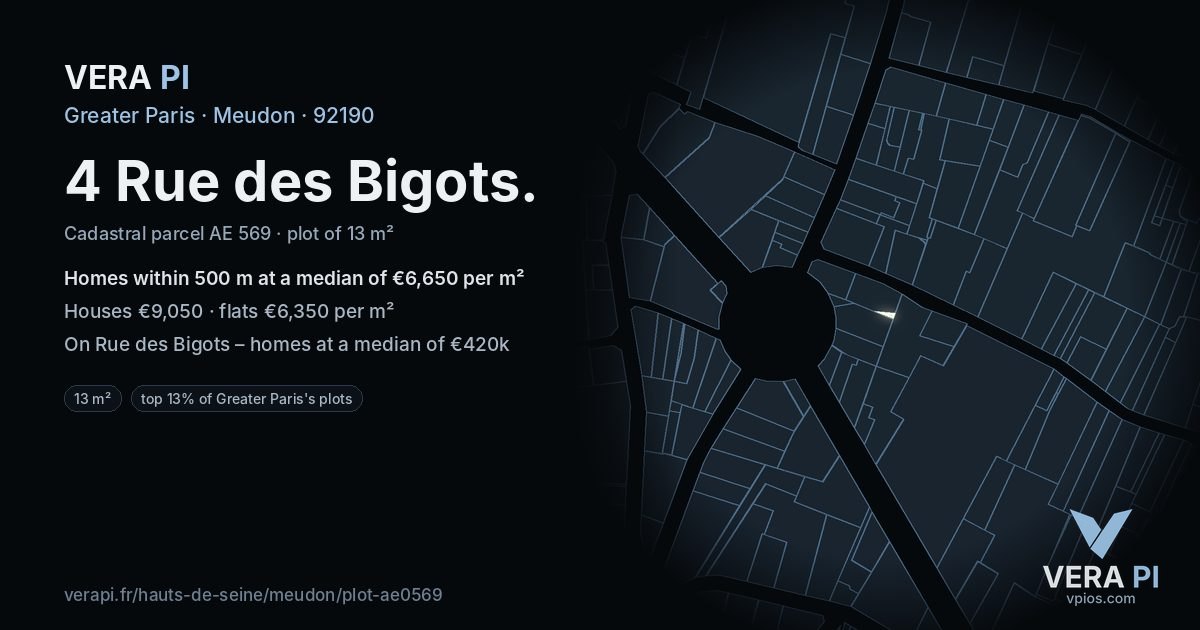 4 Rue des Bigots, Meudon at night – the plot lit, the parcels around coloured by the prices near them