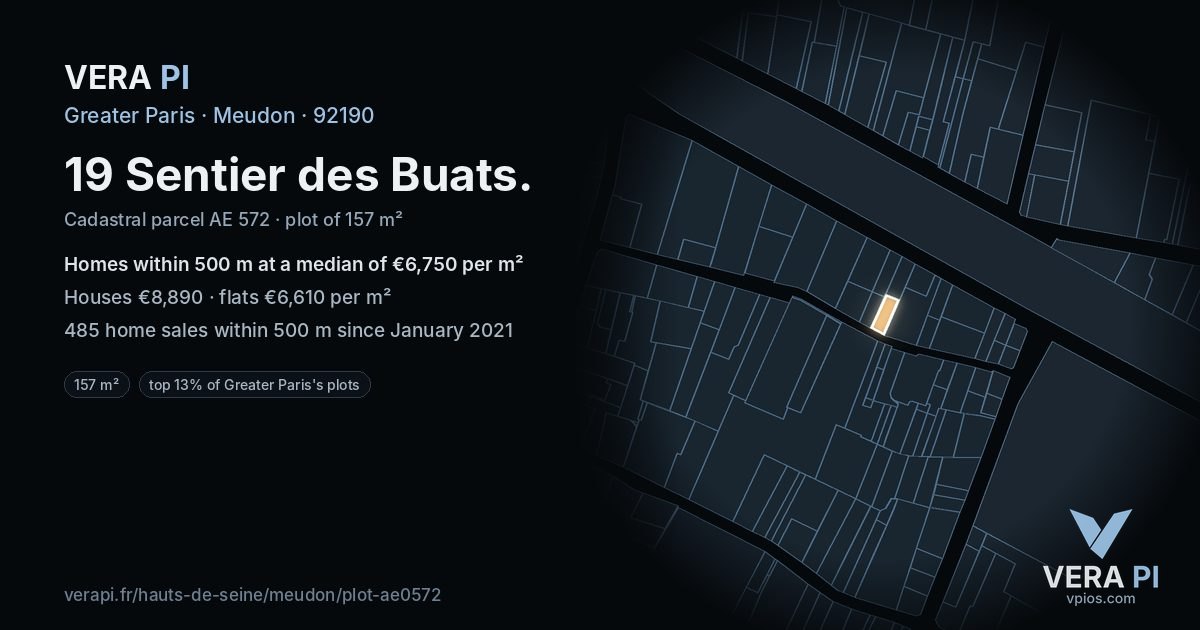19 Sentier des Buats, Meudon at night – the plot lit, the parcels around coloured by the prices near them