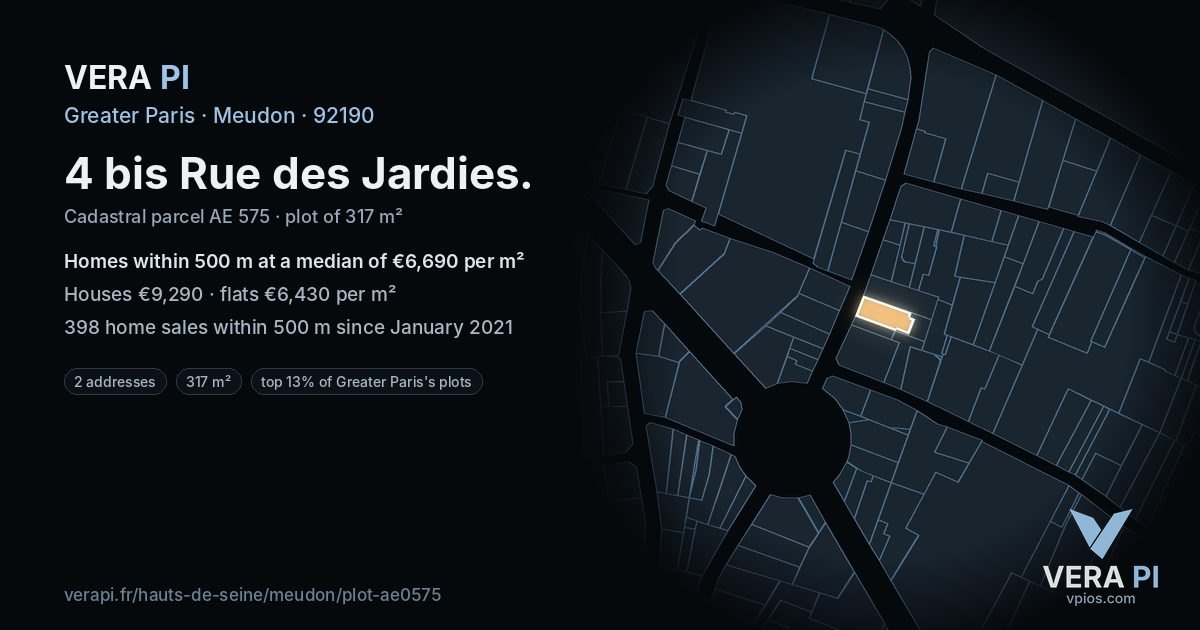 4 bis Rue des Jardies, Meudon at night – the plot lit, the parcels around coloured by the prices near them