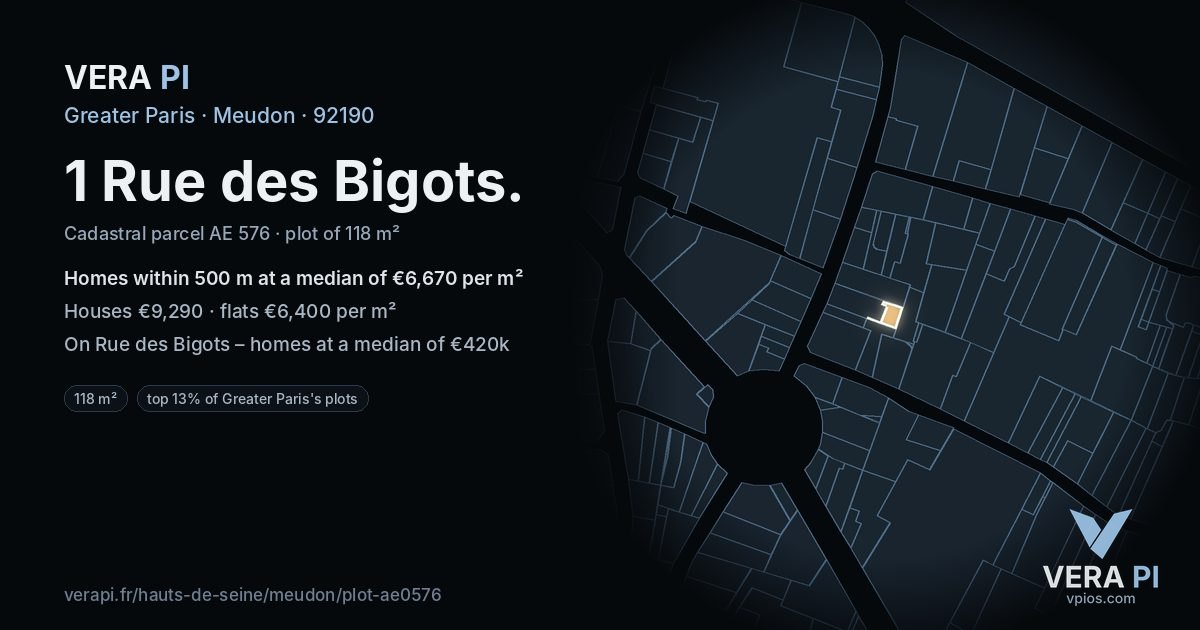 1 Rue des Bigots, Meudon at night – the plot lit, the parcels around coloured by the prices near them