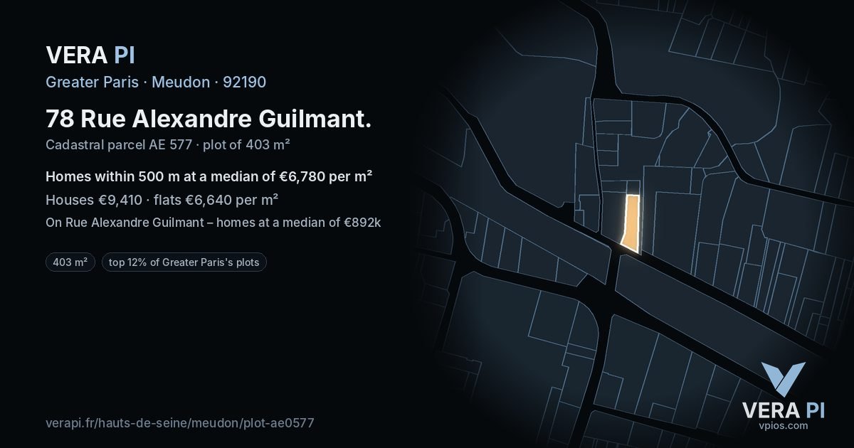 78 Rue Alexandre Guilmant, Meudon at night – the plot lit, the parcels around coloured by the prices near them
