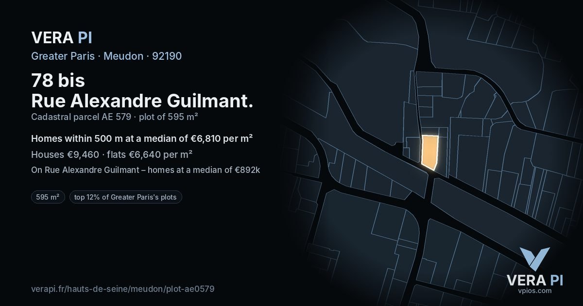 78 bis Rue Alexandre Guilmant, Meudon at night – the plot lit, the parcels around coloured by the prices near them