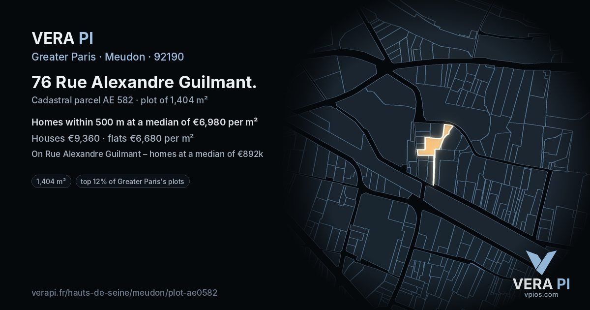 76 Rue Alexandre Guilmant, Meudon at night – the plot lit, the parcels around coloured by the prices near them