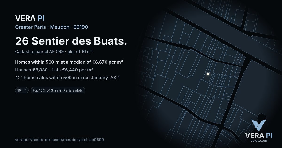 26 Sentier des Buats, Meudon at night – the plot lit, the parcels around coloured by the prices near them