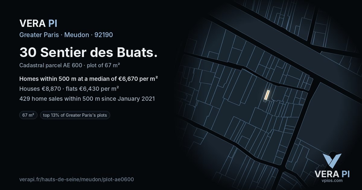 30 Sentier des Buats, Meudon at night – the plot lit, the parcels around coloured by the prices near them