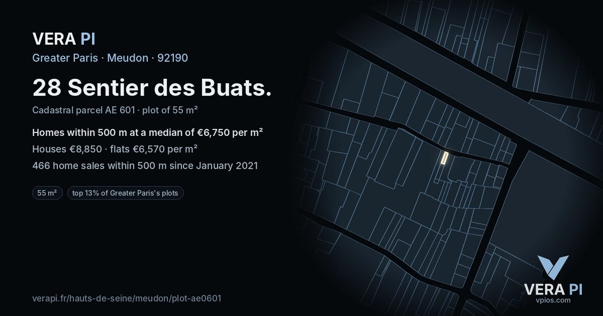 28 Sentier des Buats, Meudon at night – the plot lit, the parcels around coloured by the prices near them