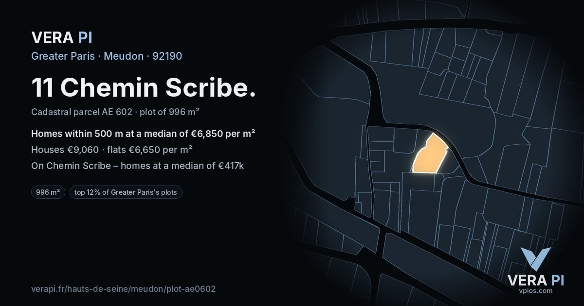 11 Chemin Scribe, Meudon at night – the plot lit, the parcels around coloured by the prices near them