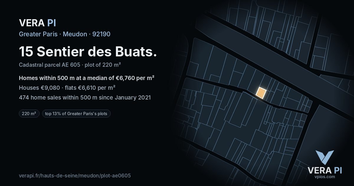 15 Sentier des Buats, Meudon at night – the plot lit, the parcels around coloured by the prices near them