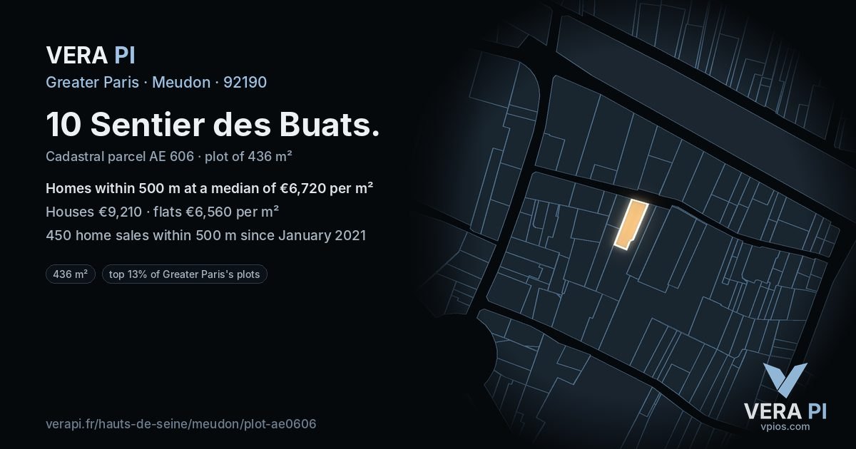 10 Sentier des Buats, Meudon at night – the plot lit, the parcels around coloured by the prices near them