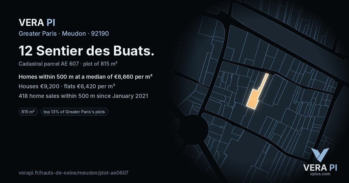 12 Sentier des Buats, Meudon at night – the plot lit, the parcels around coloured by the prices near them