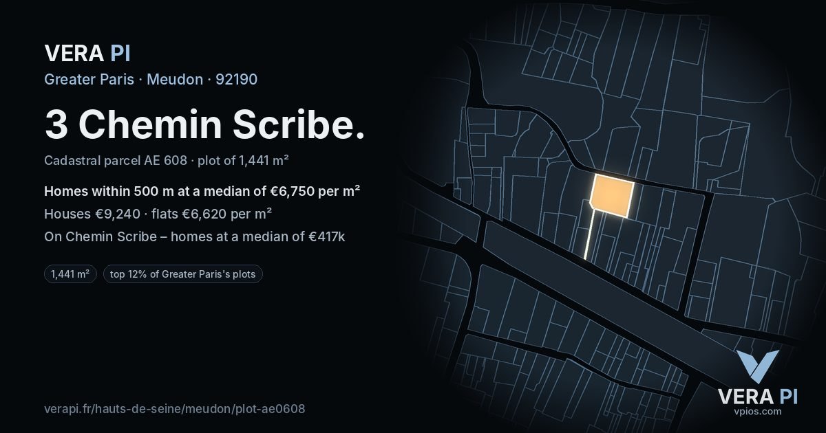 3 Chemin Scribe, Meudon at night – the plot lit, the parcels around coloured by the prices near them