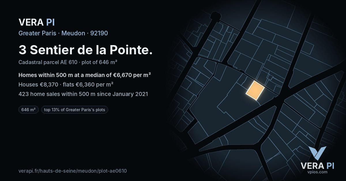 3 Sentier de la Pointe, Meudon at night – the plot lit, the parcels around coloured by the prices near them