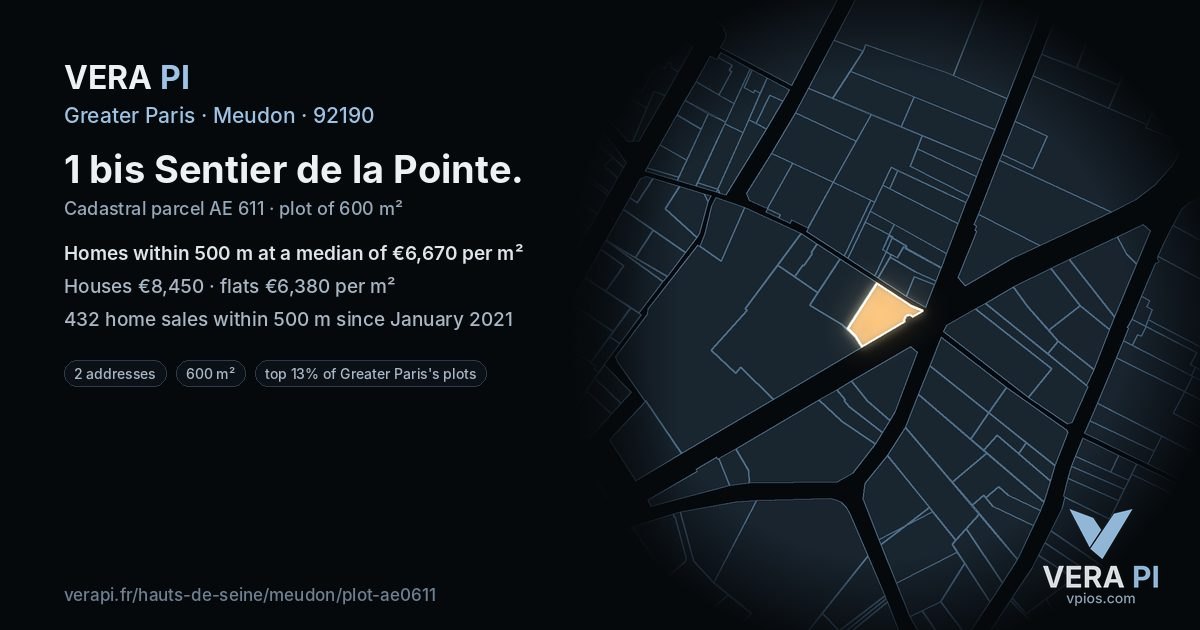 1 bis Sentier de la Pointe, Meudon at night – the plot lit, the parcels around coloured by the prices near them