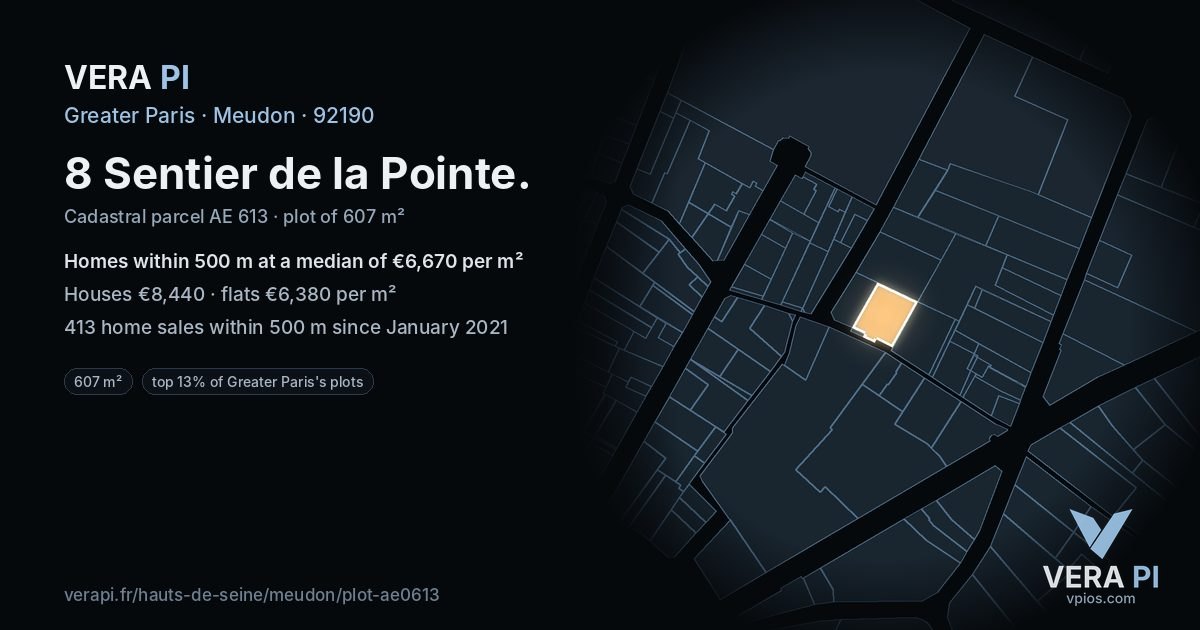8 Sentier de la Pointe, Meudon at night – the plot lit, the parcels around coloured by the prices near them