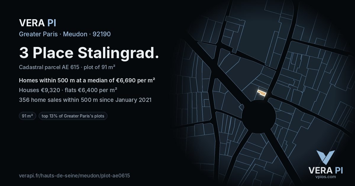3 Place Stalingrad, Meudon at night – the plot lit, the parcels around coloured by the prices near them