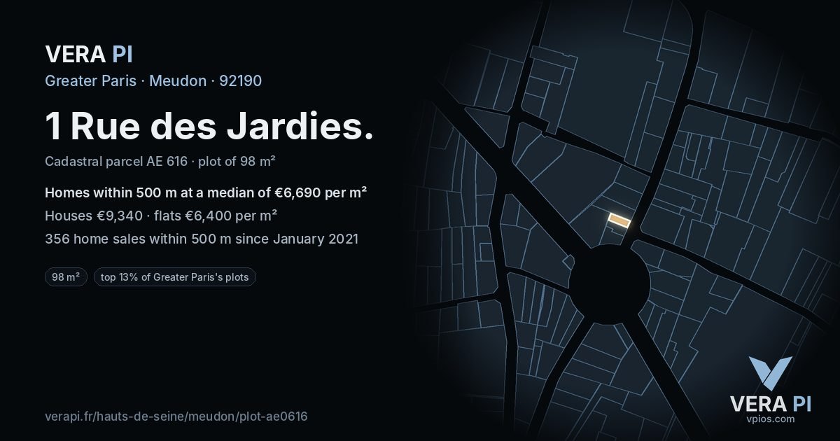 1 Rue des Jardies, Meudon at night – the plot lit, the parcels around coloured by the prices near them