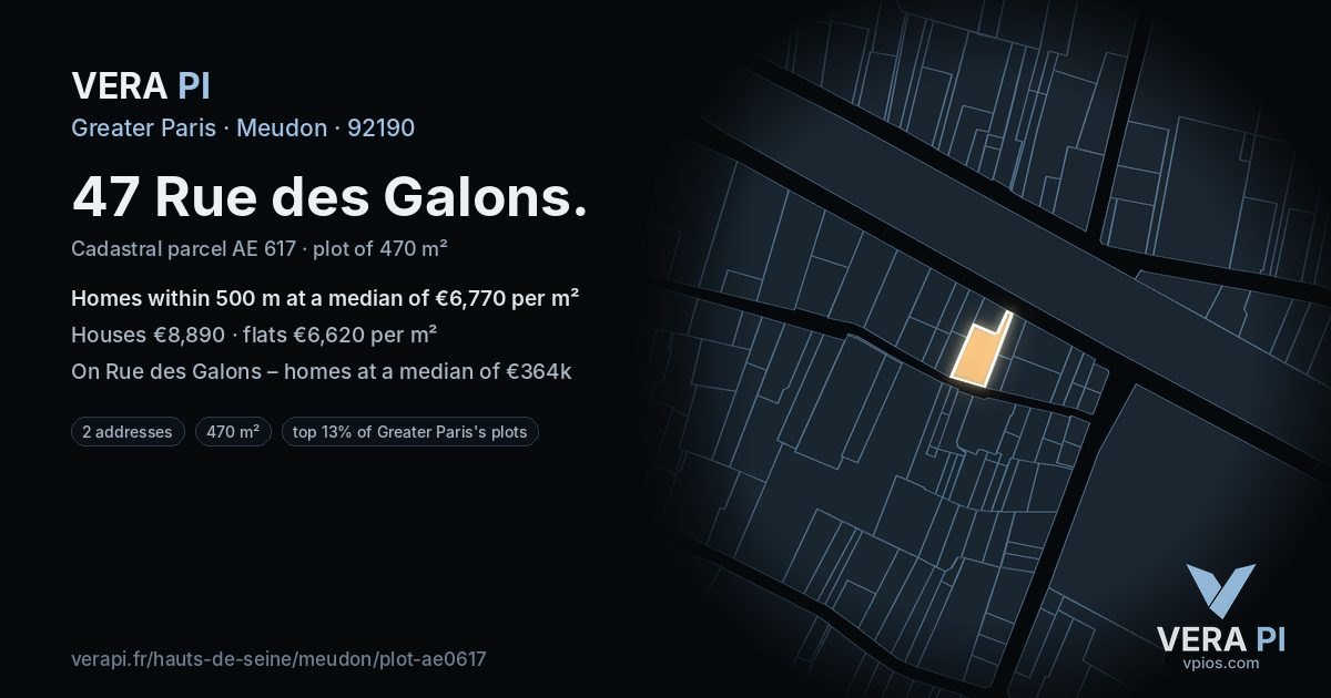 47 Rue des Galons, Meudon at night – the plot lit, the parcels around coloured by the prices near them