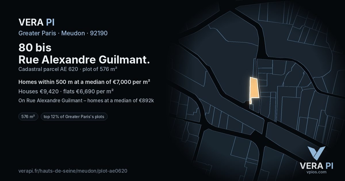 80 bis Rue Alexandre Guilmant, Meudon at night – the plot lit, the parcels around coloured by the prices near them