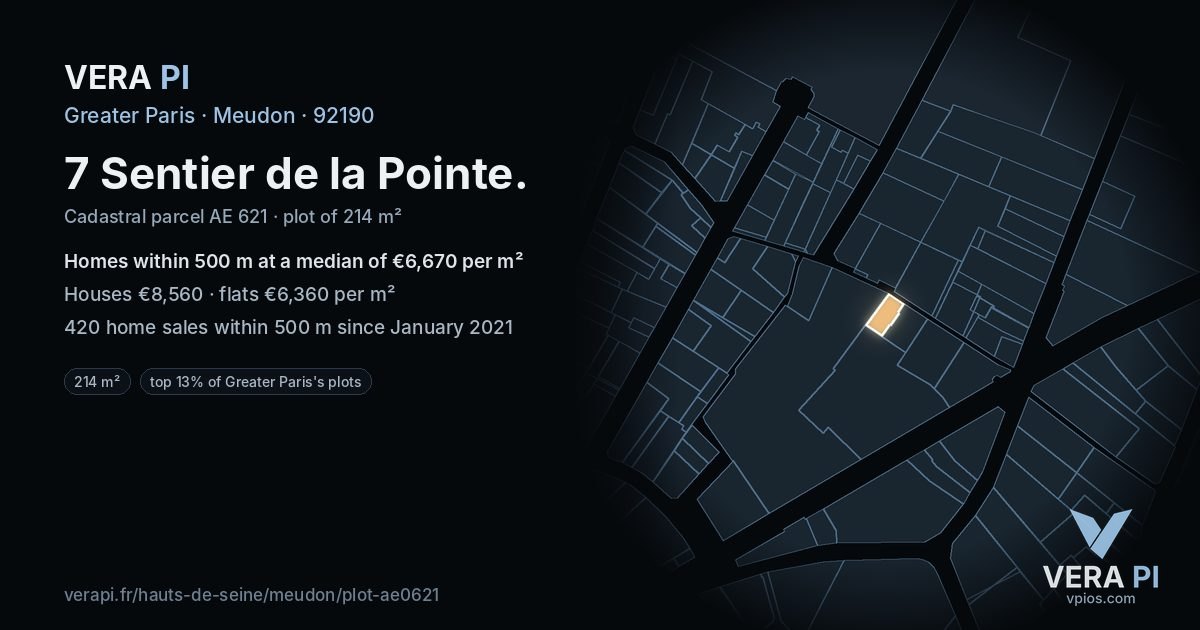 7 Sentier de la Pointe, Meudon at night – the plot lit, the parcels around coloured by the prices near them