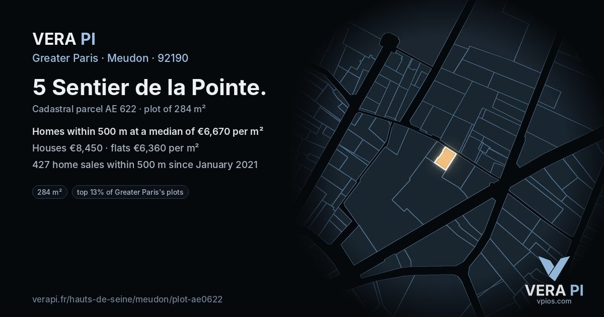 5 Sentier de la Pointe, Meudon at night – the plot lit, the parcels around coloured by the prices near them