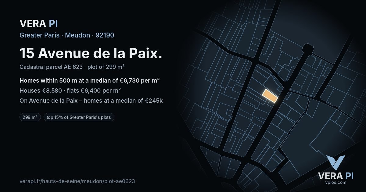 15 Avenue de la Paix, Meudon at night – the plot lit, the parcels around coloured by the prices near them