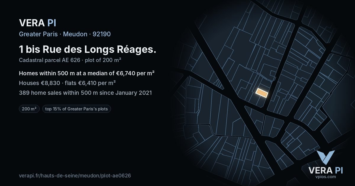 1 bis Rue des Longs Réages, Meudon at night – the plot lit, the parcels around coloured by the prices near them