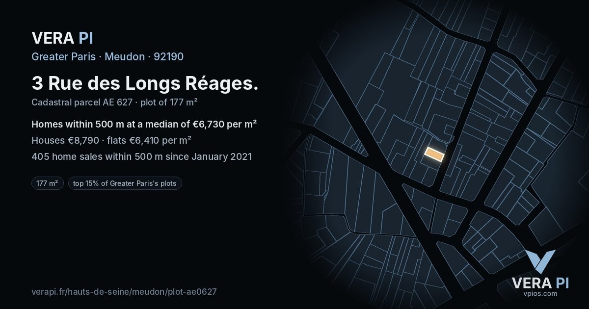 3 Rue des Longs Réages, Meudon at night – the plot lit, the parcels around coloured by the prices near them