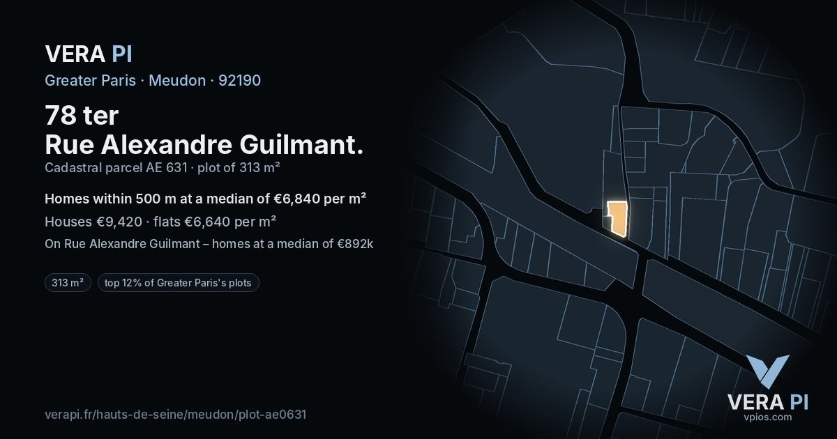 78 ter Rue Alexandre Guilmant, Meudon at night – the plot lit, the parcels around coloured by the prices near them