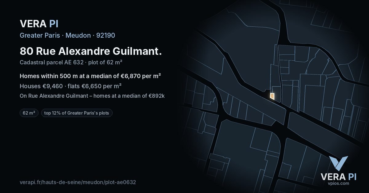 80 Rue Alexandre Guilmant, Meudon at night – the plot lit, the parcels around coloured by the prices near them