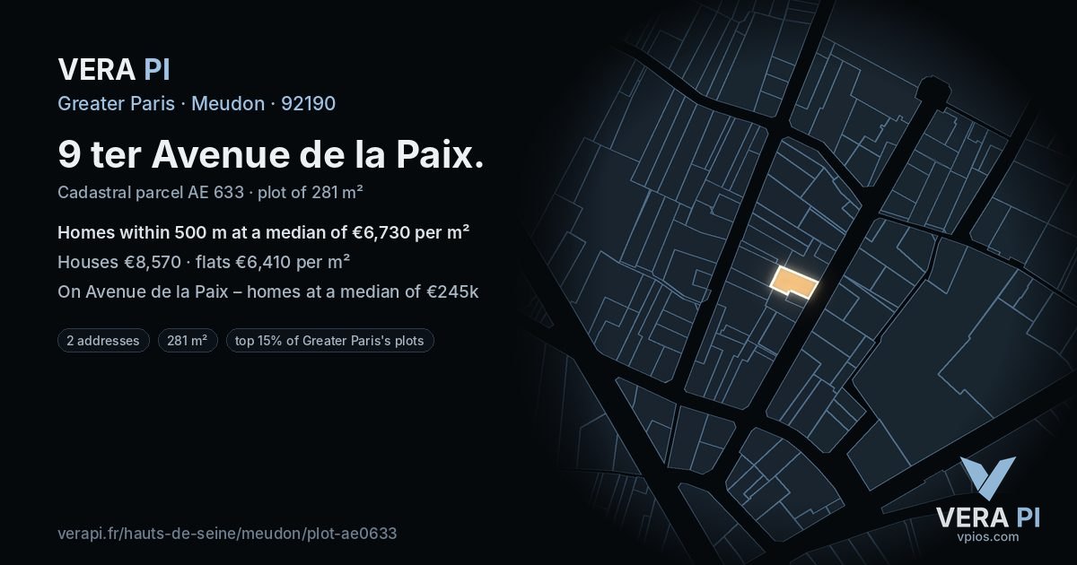 9 ter Avenue de la Paix, Meudon at night – the plot lit, the parcels around coloured by the prices near them