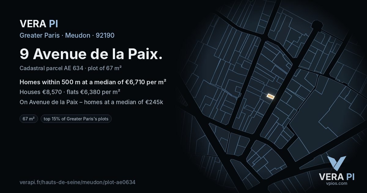 9 Avenue de la Paix, Meudon at night – the plot lit, the parcels around coloured by the prices near them