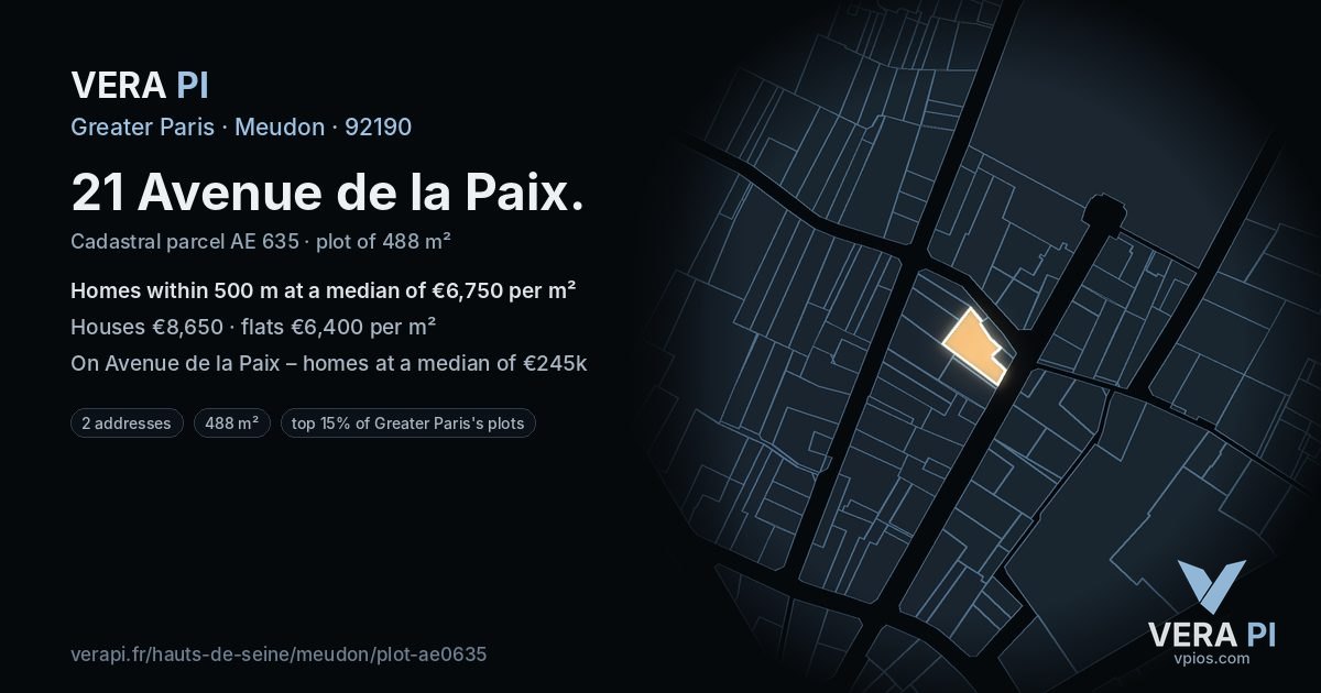 21 Avenue de la Paix, Meudon at night – the plot lit, the parcels around coloured by the prices near them