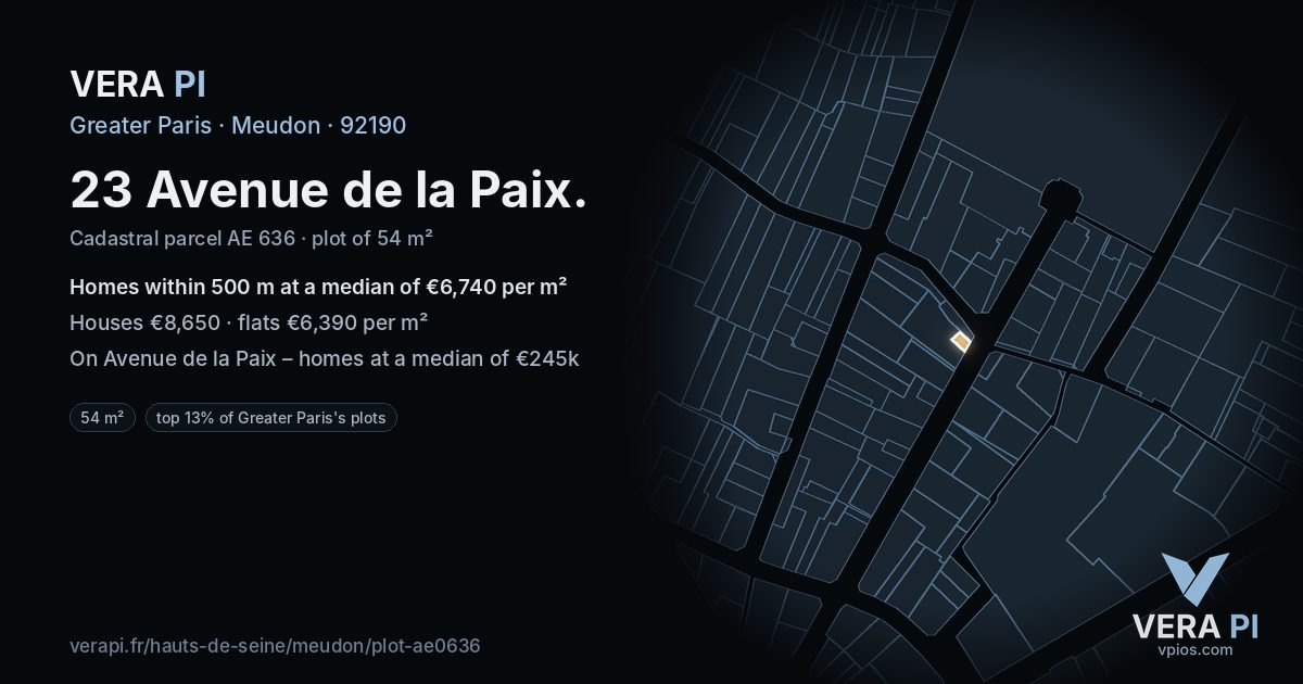 23 Avenue de la Paix, Meudon at night – the plot lit, the parcels around coloured by the prices near them