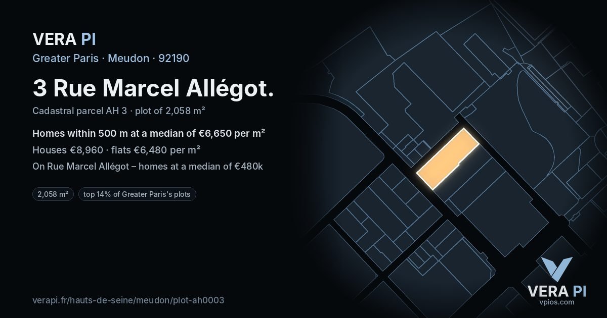 3 Rue Marcel Allégot, Meudon at night – the plot lit, the parcels around coloured by the prices near them