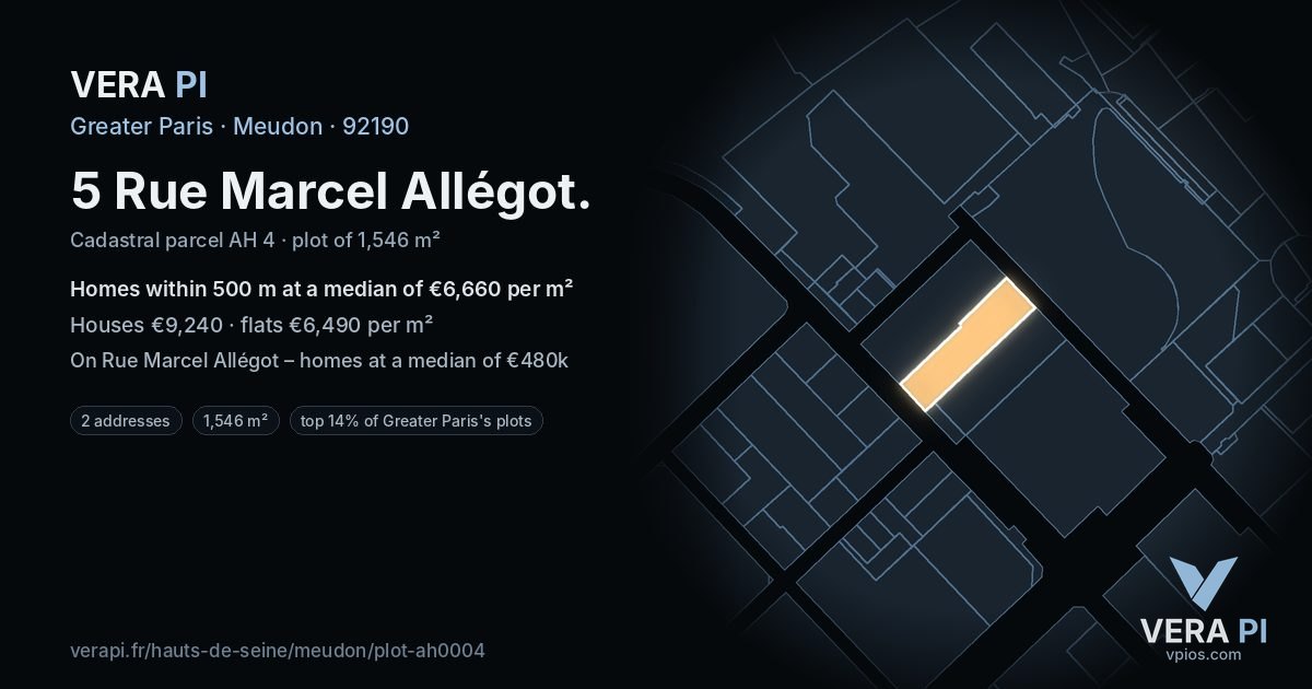 5 Rue Marcel Allégot, Meudon at night – the plot lit, the parcels around coloured by the prices near them