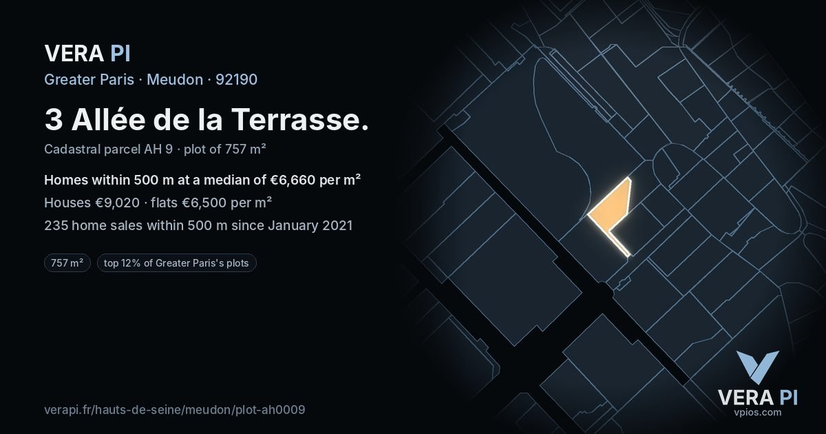 3 Allée de la Terrasse, Meudon at night – the plot lit, the parcels around coloured by the prices near them