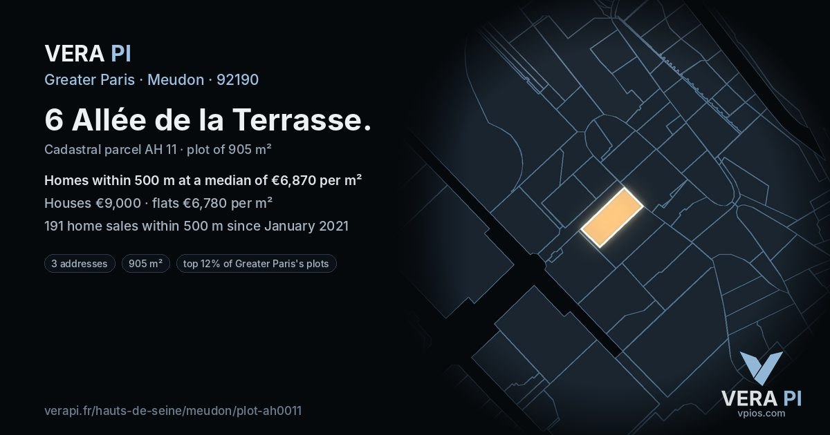 6 Allée de la Terrasse, Meudon at night – the plot lit, the parcels around coloured by the prices near them