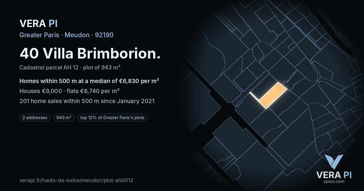 40 Villa Brimborion, Meudon at night – the plot lit, the parcels around coloured by the prices near them