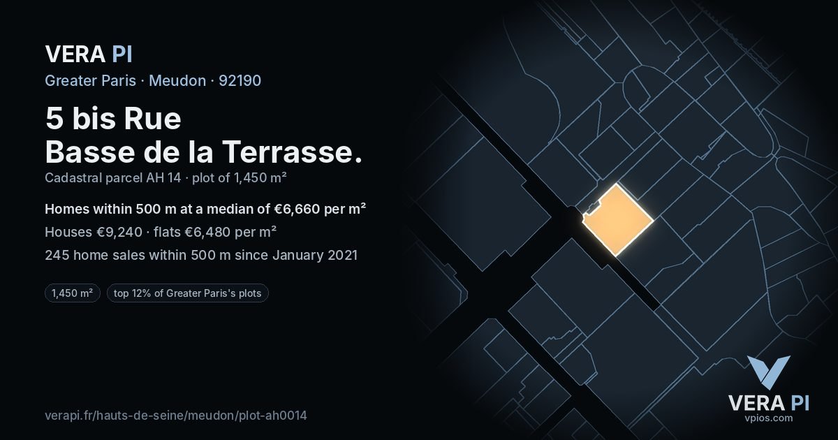 5 bis Rue Basse de la Terrasse, Meudon at night – the plot lit, the parcels around coloured by the prices near them