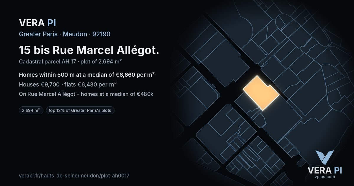 15 bis Rue Marcel Allégot, Meudon at night – the plot lit, the parcels around coloured by the prices near them
