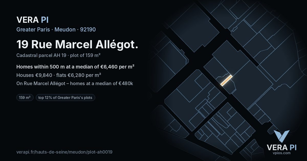 19 Rue Marcel Allégot, Meudon at night – the plot lit, the parcels around coloured by the prices near them