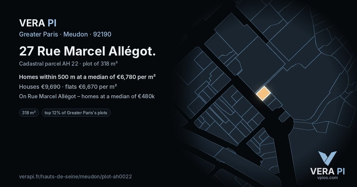 27 Rue Marcel Allégot, Meudon at night – the plot lit, the parcels around coloured by the prices near them