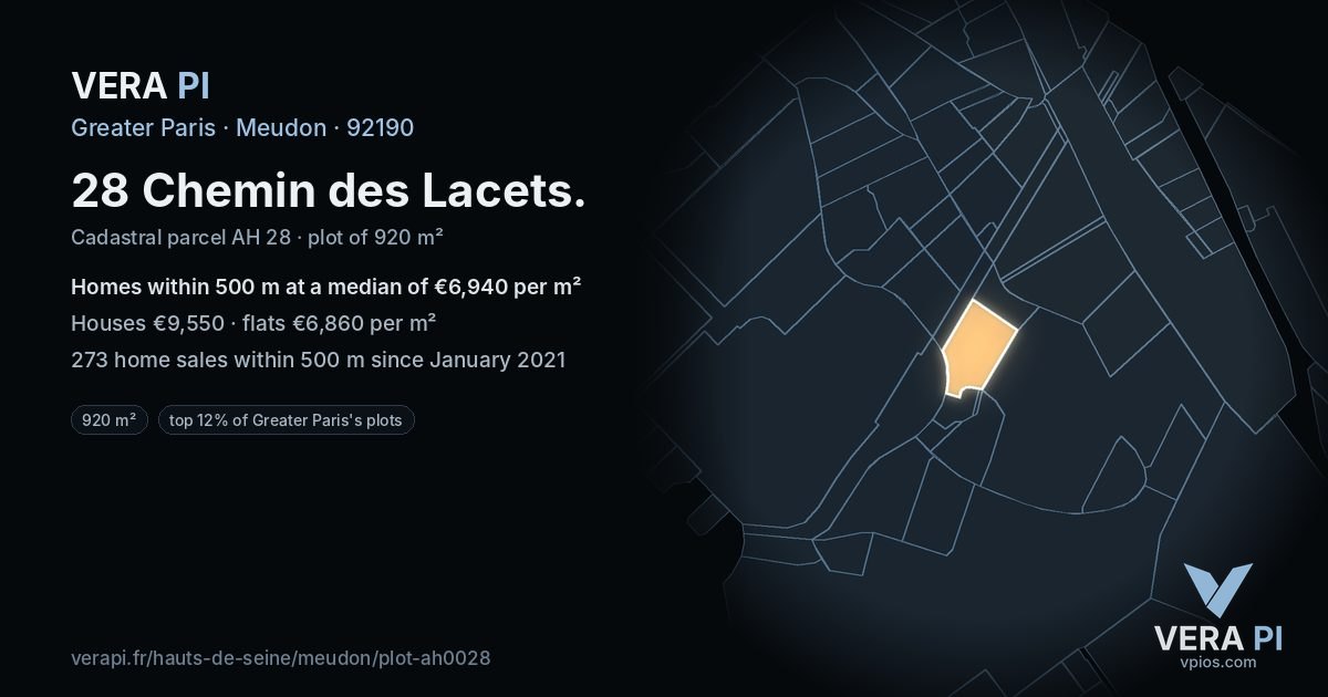 28 Chemin des Lacets, Meudon at night – the plot lit, the parcels around coloured by the prices near them