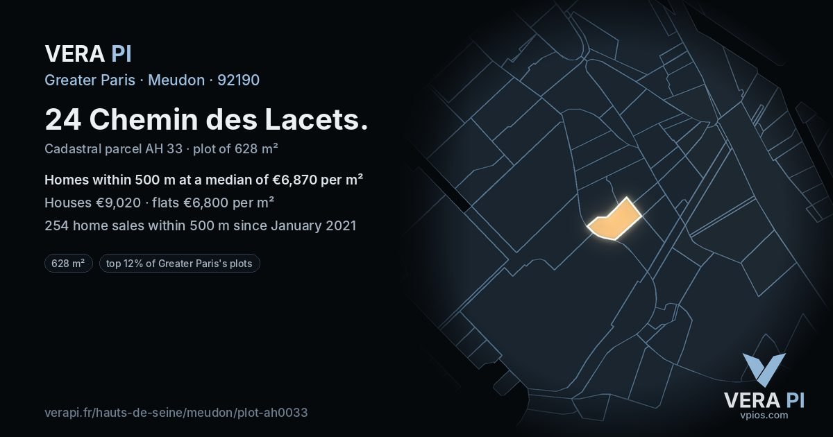 24 Chemin des Lacets, Meudon at night – the plot lit, the parcels around coloured by the prices near them
