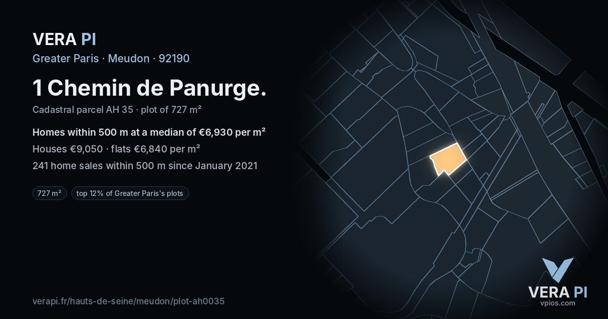 1 Chemin de Panurge, Meudon at night – the plot lit, the parcels around coloured by the prices near them