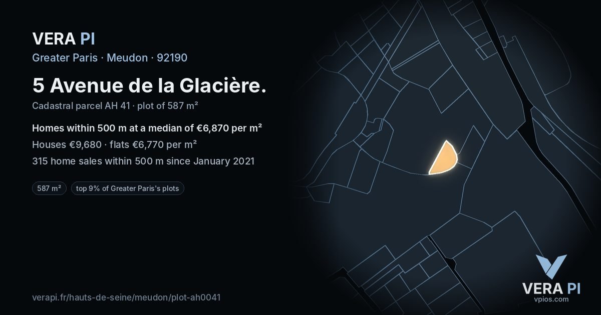 5 Avenue de la Glacière, Meudon at night – the plot lit, the parcels around coloured by the prices near them